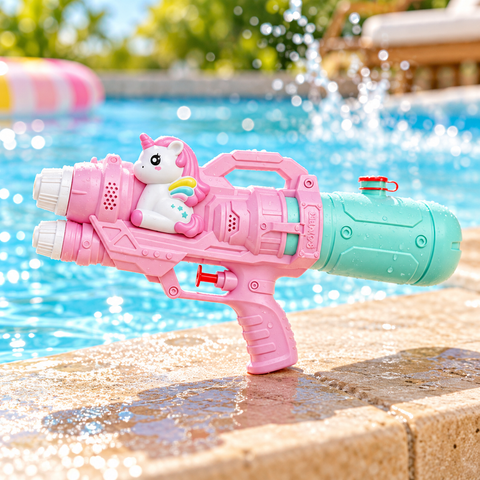 Pistola de agua unicornio junto a una piscina