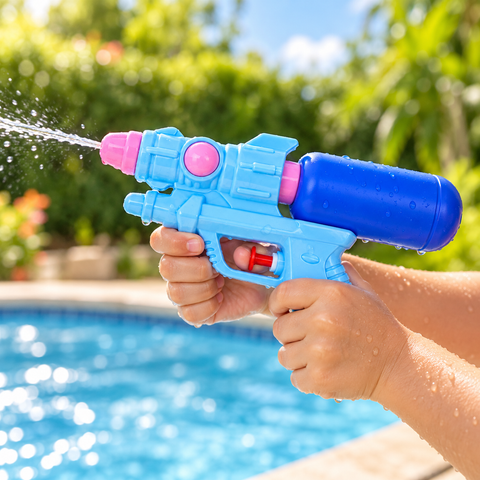 Pistola de agua compacta en uso durante un juego de verano