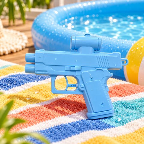 Mini pistola de agua azul en ambiente de piscina y verano