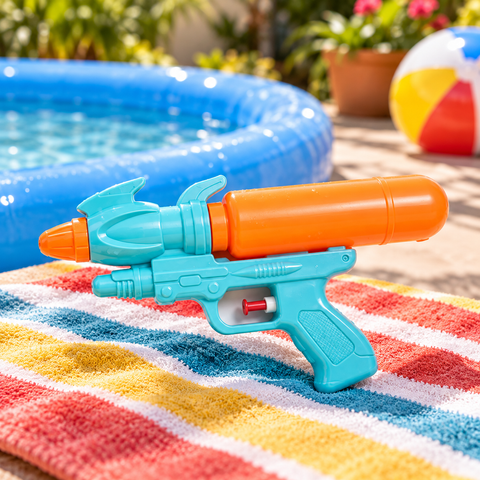 Pistola de agua infantil en ambiente de piscina y verano