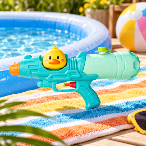 Pistola de agua con patito en ambiente de piscina y verano