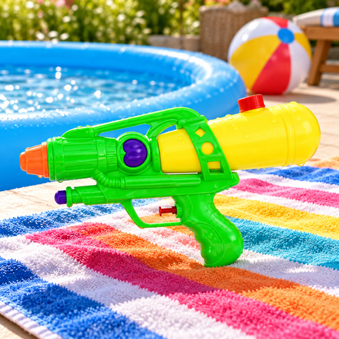 Pistola de agua grande en ambiente de piscina y verano