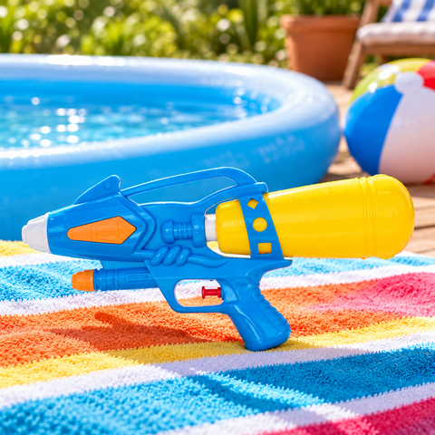 Pistola de agua de 34 cm en ambiente de piscina y verano
