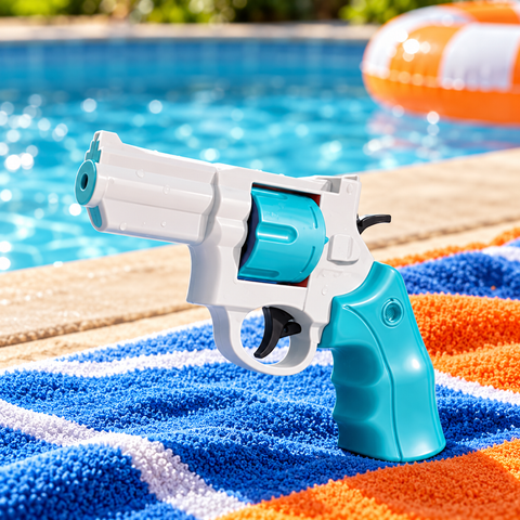 Pistola de agua compacta en ambiente de piscina y verano