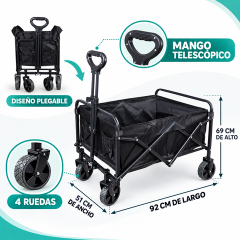 Medidas y características del carro plegable negro de 92 por 51 por 69 cm