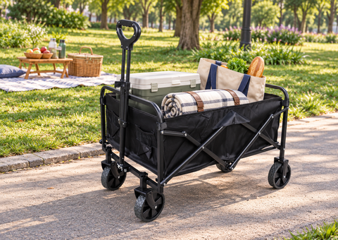 Carro plegable negro transportando artículos para picnic en un parque
