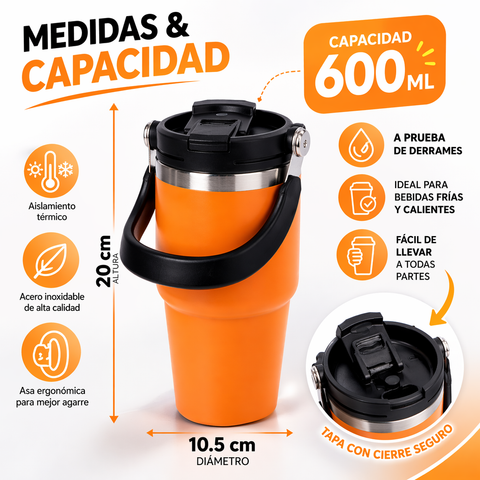 Termo Vaso 600ML (20 OZ) Acero Inoxidable con Asa | Doble Boca | Mantiene Frío y Calor | Colores Surtidos