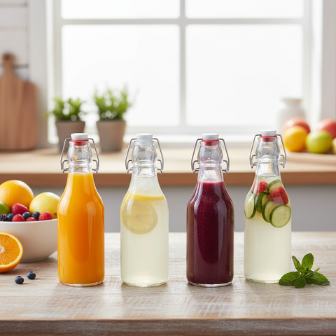 Botellas con cierre hermético llenas de líquidos