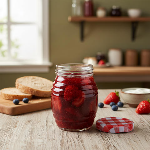 Frasco 380ml individual con mermelada y tapa a un lado