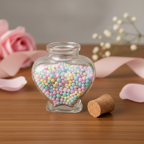 Frasco de corazón 80ml destapado con corcho al lado
