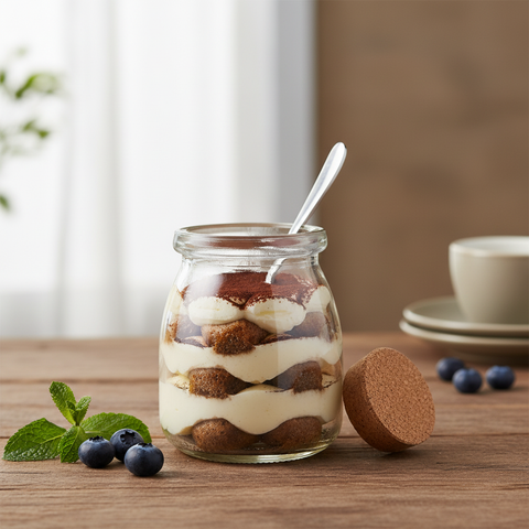 Frasco de pudding con cucharilla y corcho al lado