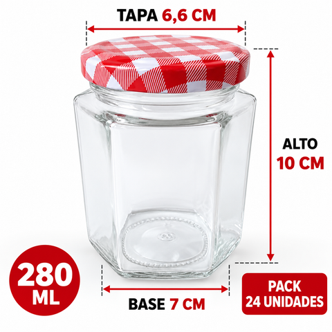 Medidas del frasco de vidrio de 280 ml incluido en el pack de 24
