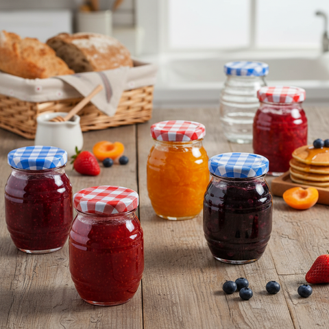 Frascos 380ml con forma de barril, relieves y tapas a cuadros con mermeladas