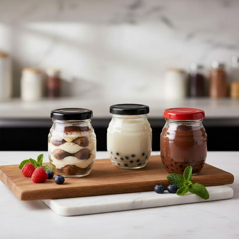 Frascos con tapas negras y rojas