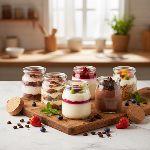 Frascos de pudding 200ml con postres y tapas de corcho