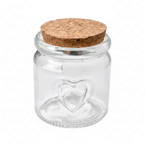 Pack de frascos de vidrio con corazón en relieve y tapa de corcho 100ml, 6cm x 6.5cm