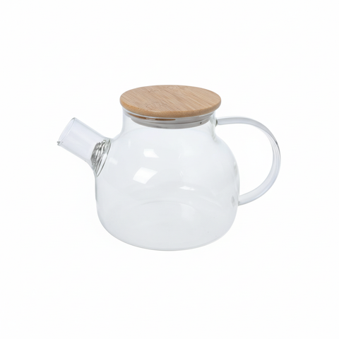 Tetera de vidrio 1000ml con tapa de bambú - imagen limpia fondo blanco
