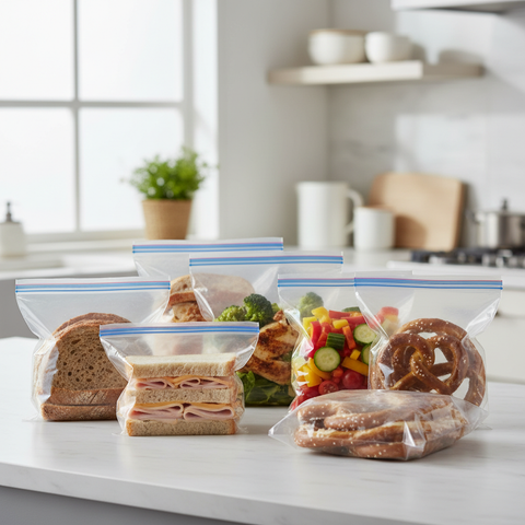 Bolsas herméticas transparentes 13x19cm en uso en cocina moderna con alimentos y meal prep organizados