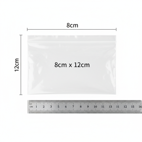 Bolsas herméticas 8x12cm mostrando medidas y dimensiones con referencia