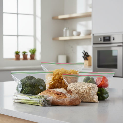 Bolsas herméticas transparentes 25x35cm en uso en cocina moderna con alimentos grandes y almacenamiento a granel