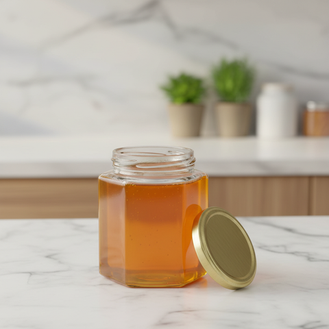 Frasco hexagonal con miel y tapa al lado en ambiente de cocina