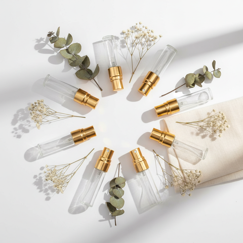 Set de 6 atomizadores de perfume dorados de 5ml flat lay decorativo