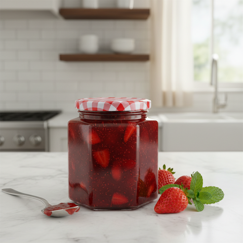 Frasco conservero hexagonal 380ml en uso en cocina con conservas