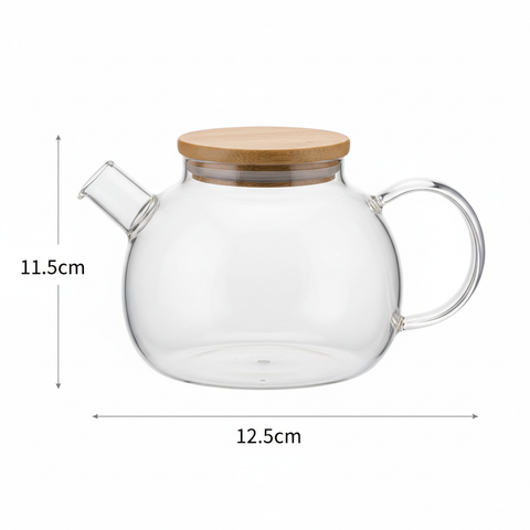 Tetera de vidrio 800ml con tapa de bambú - medidas 12.5cm x 11.5cm