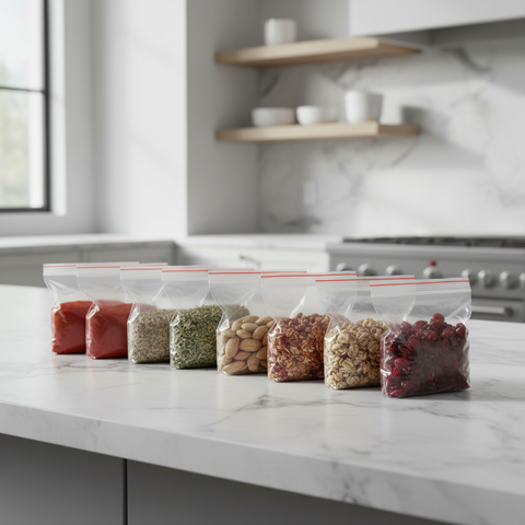 Bolsas herméticas transparentes 4x6cm en uso en cocina moderna con especias y ingredientes organizados