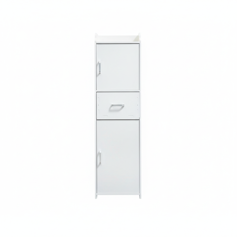 Mueble organizador de baño blanco con puertas y cajones