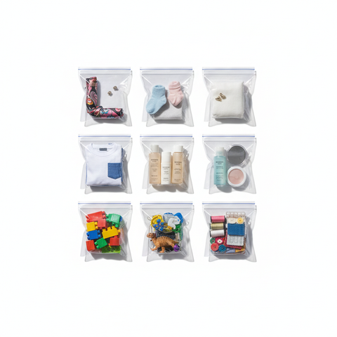 Bolsas herméticas 10x15cm organizando accesorios, cosméticos y productos