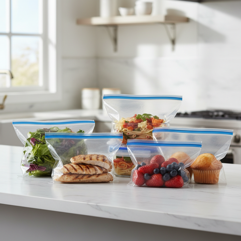 Bolsas herméticas transparentes 20x28cm en uso en cocina moderna con alimentos grandes organizados