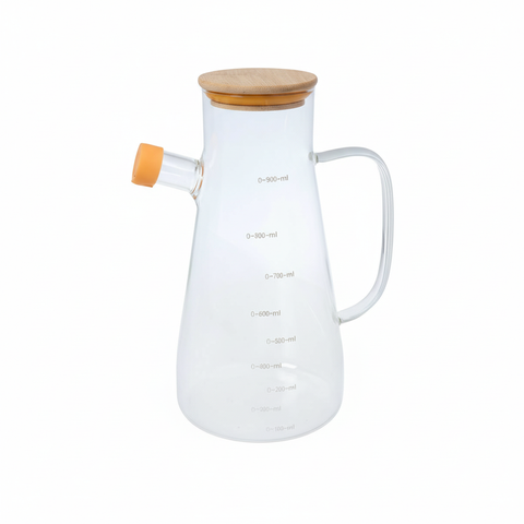 Aceitera de vidrio 900ml con tapa bambú - imagen limpia fondo blanco
