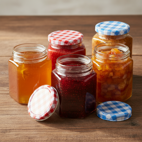 Pack frascos conserveros hexagonales 380ml con tapas metálicas de colores variados