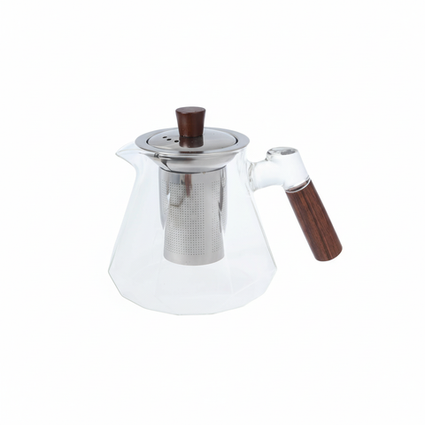 Tetera de vidrio 750ml con filtro acero y mango madera - imagen limpia fondo blanco
