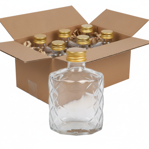 Botella de vidrio diamante 50ml vacía con caja de pack semi-abierta