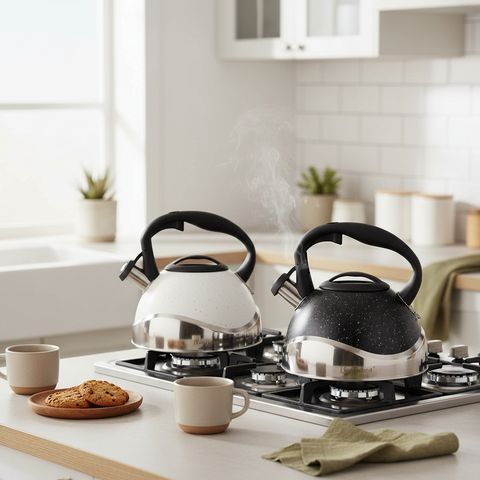 Tetera silbadora premium en ambiente de cocina moderna
