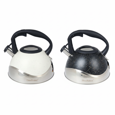 Teteras silbadoras en blanco y negro con base de acero inoxidable