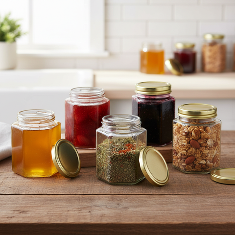 Pack frascos hexagonales con múltiples usos: miel, mermeladas, conservas y especias