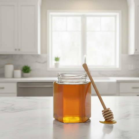 Frasco hexagonal 500ml en uso en cocina moderna con tapa dorada