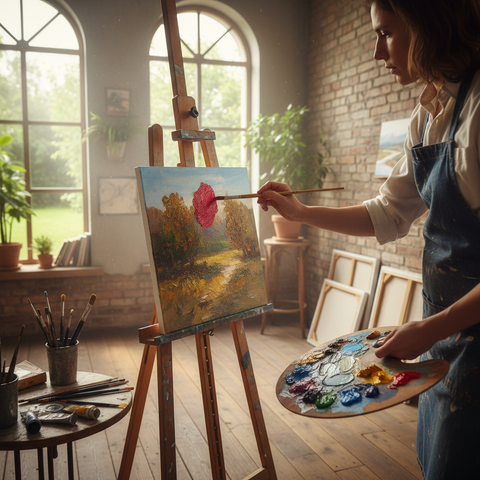 Persona pintando con bastidor de madera y lienzo 30x30cm