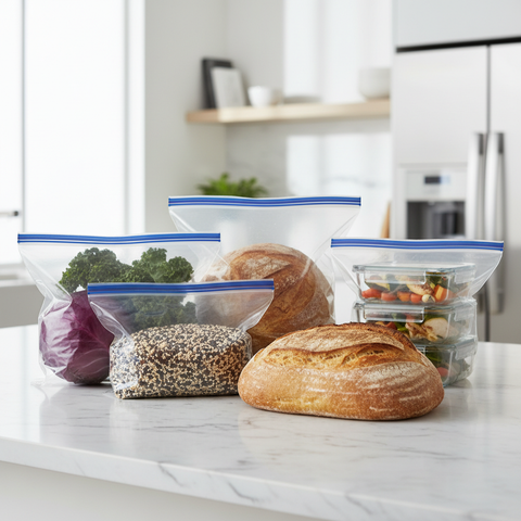 Bolsas herméticas transparentes 30x40cm en uso en cocina moderna con alimentos grandes y almacenamiento industrial