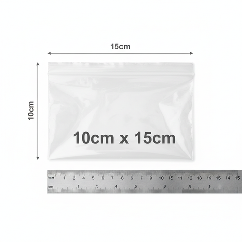 Bolsas herméticas 10x15cm mostrando medidas y dimensiones con referencia