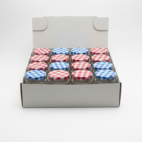 Pack de 24 frascos de vidrio hexagonales 180ml con tapas metálicas de cuadros rojos y azules