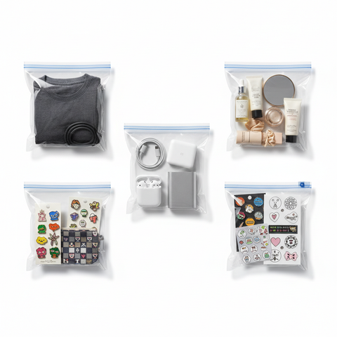 Bolsas herméticas 13x19cm organizando ropa, accesorios y productos retail