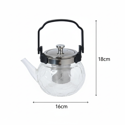 Tetera de vidrio facetada 1.2L - imagen con medidas