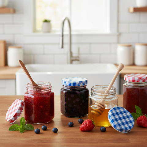 Frascos hexagonales en uso - conservas y mermeladas con tapas de cuadros rojos y azules