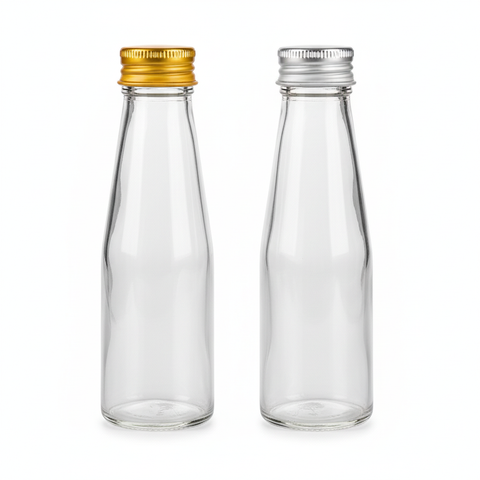 Botellas de vidrio 100ml mostrando tapas dorada y plateada
