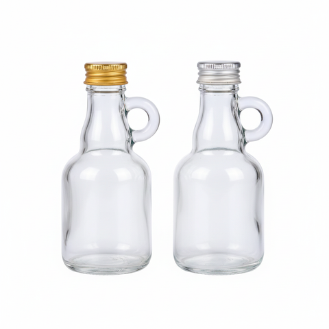 Pack mini botellas vidrio 50ml con tapas dorada y plateada