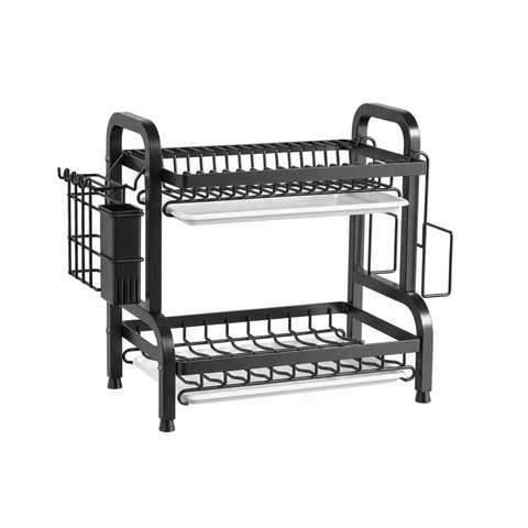 Rack escurridor 2 niveles negro fondo blanco